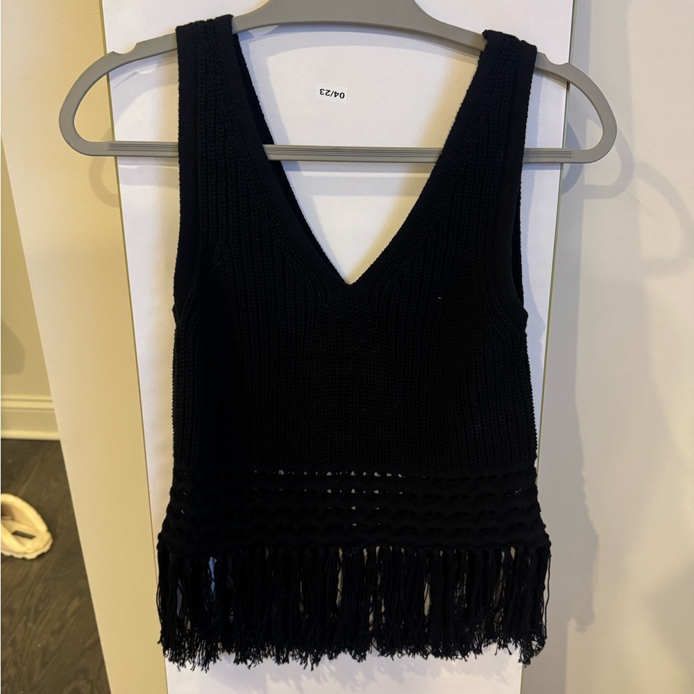 Club Monaco Black Fringe V-Neck Crop Top